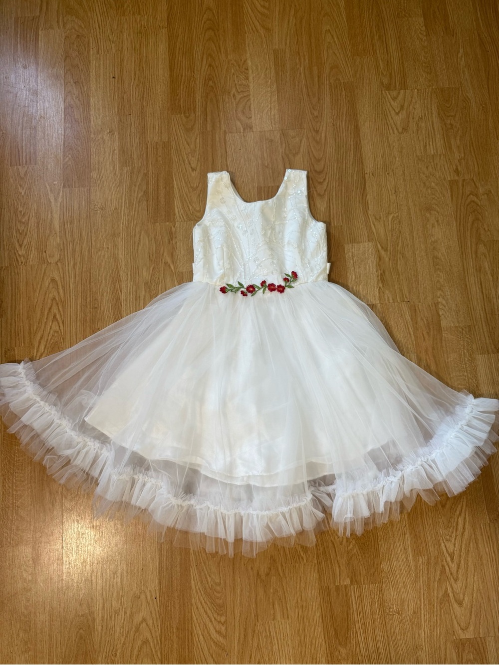 Ivory Tulle Flower Girl Dress with Red Floral Belt - Size 6